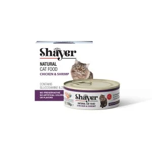 کنسرو غذای گربه با طعم مرغ و شاه میگو شایر 110 گرم