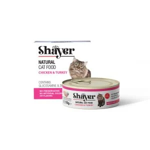 کنسرو غذای گربه با طعم مرغ و بوقلمون شایر وزن 110 گرم