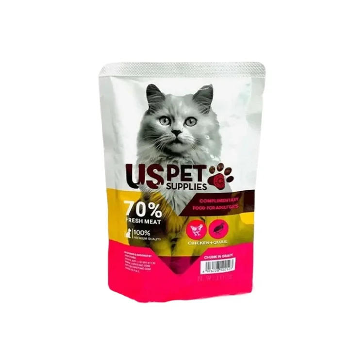 پوچ گربه یو اس پت طعم مرغ و بلدرچین مدل چانکی در سس 100 گرمی