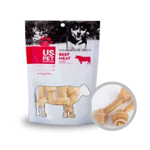 تشویقی سگ استخوان گرهخورده یو اس پت با طعم گوشت گاو ۱۰۰ گرم US Pet Beef Meat Bone Dog Treat 100g