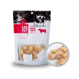 تشویقی سگ استخوان گرهخورده کوچک یو اس پت با طعم گوشت گاو ۱۰۰ گرم US Pet Beef Meat Small Bone Dog Treat 100g