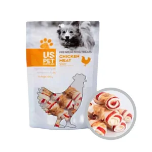 تشویقی سگ روهاید استخوانی دورپیچ مرغ یو اس پت ۱۰۰ گرمUS Pet Chicken Meat Rawhide Bone Dog Treat 100g
