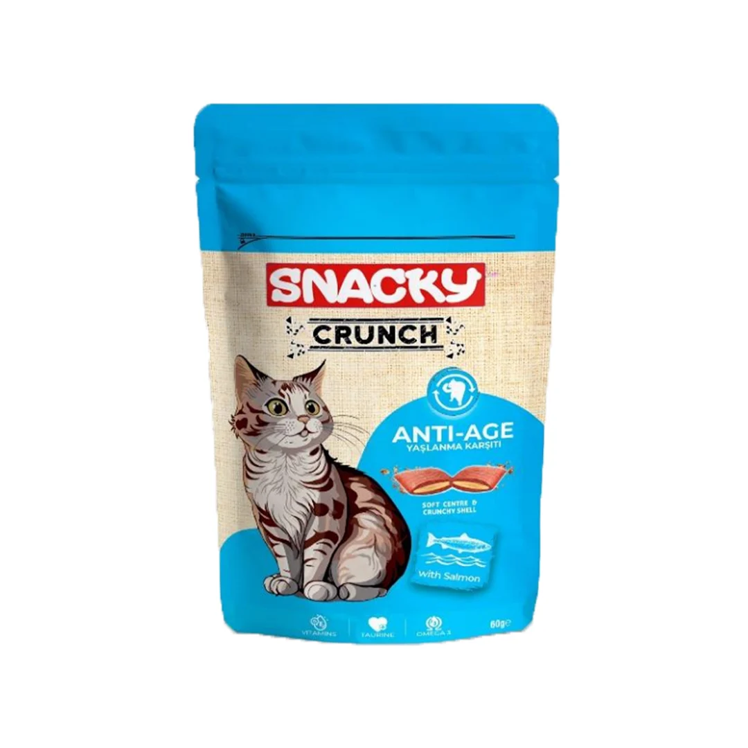 تشویقی گربه کرانچ اسنکی با طعم ماهی سالمون تشویقی ضدپیری گربه اسنکی مدل سالمون Snacky Crunch Anti-Age Cat Treats With Salmon 60g