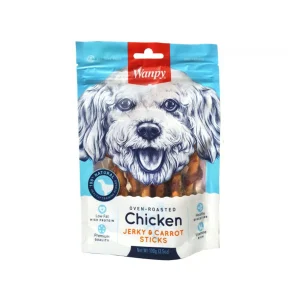 عکس تشویقی سگ ونپی Wanpy Chicken Jerky & Carrot Sticks وزن 100 گرم – PetYar