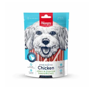 عکس تشویقی سگ ونپی Wanpy Chicken Jerky & Codfish Sandwiches وزن 100 گرم – PetYar