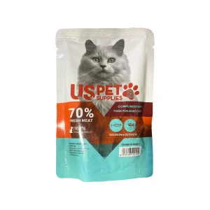 عکس پوچ گربه یو اس پت طعم شترمرغ و سالمون مدل چانکی در سس – وزن 100 گرم – PetYar