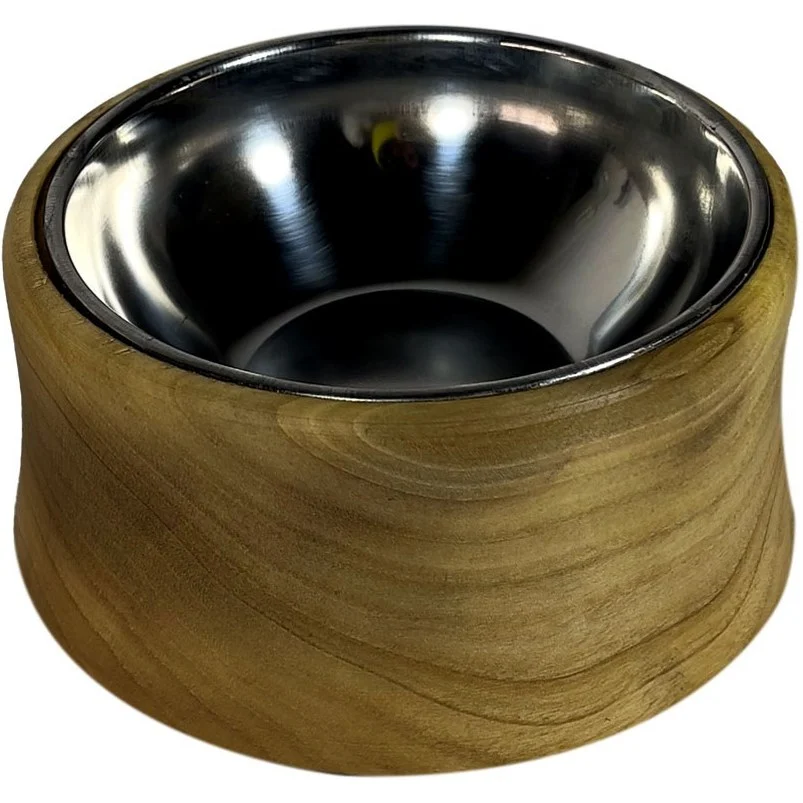 عکس ظرف غذای سگ و گربه Petsa مدل چوبی کاسه استیل خم