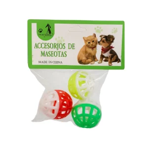 اسباب بازی گربه توپ پلاستیکی زنگوله‌دار بسته ۳ عددی – مدل مشبک رنگی